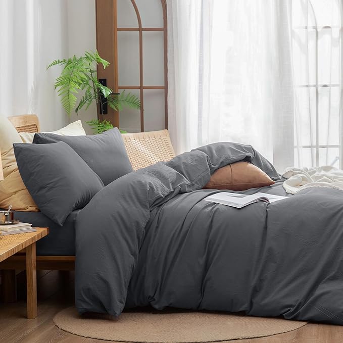BESTOUCH Duvet Cover Set 100% Washed Cotton Linen Feel Super Soft Comfortable Chic Lightweight 3 PCs Home Bedding Set Solid Quiet Shade Grey Oversized King