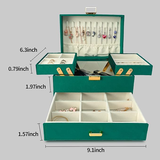Dajasan Jewelry Box for Women, 3 Layers Large Velvet Jewelry Organizer, Jewelry Storage Organizer, Jewelry Case for Earring, Ring, Necklace, Bracelets (Green)