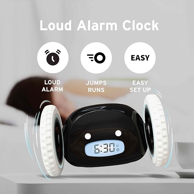 CLOCKY Extra Loud Alarm Clock for Heavy Sleepers on Wheels Rolls Runs Away Vibrating, Easy to Set Super Smart Snooze Digital Bed Shaker Alarm Clock Funny Gift for Adults Kids Teens Bedrooms (Black)