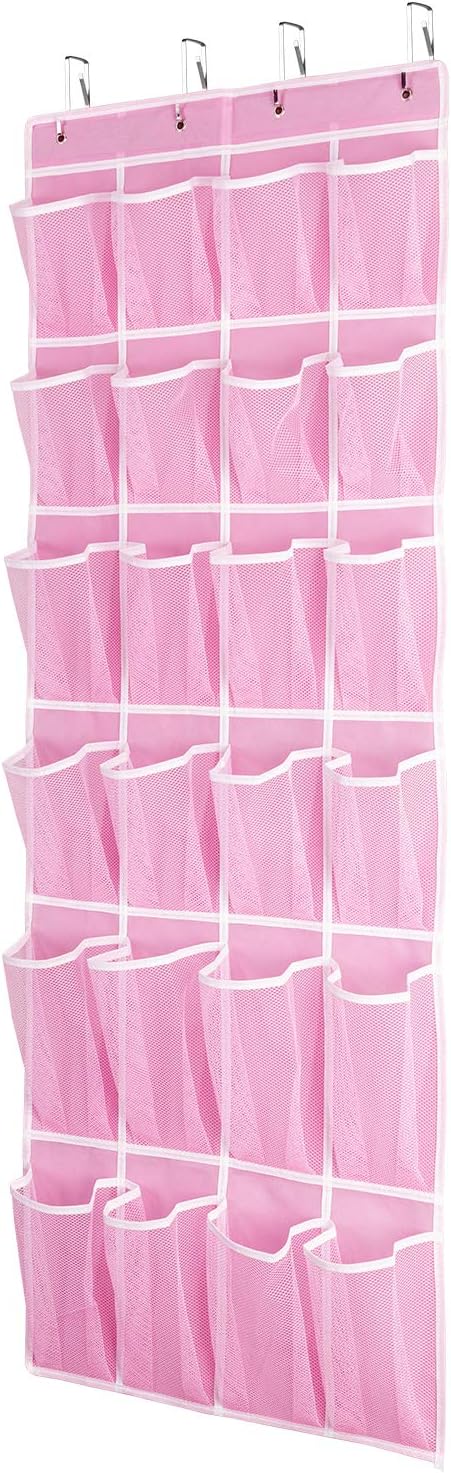 Hanging Shoe Organizer, Over The Door Shoe Organizer with 24 Breathable Mesh Pockets for Men Women Kids Hanging Shoe Storage Rack Organizer Size:58x21 Inch（Pink）