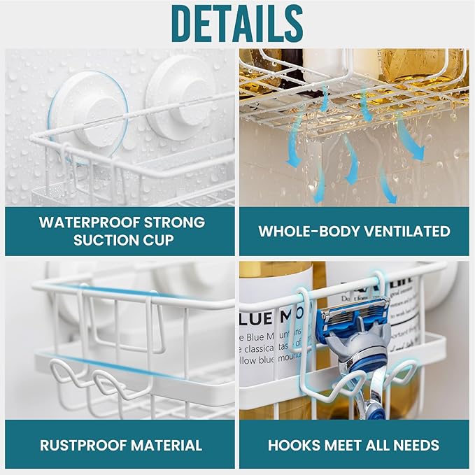 TAILI Corner-adaptive Suction Cup Shower Caddy 2 Pack, Stainless Steel Rustproof Corner Shower Shelves, Drill-Free Wall Mounted Baskets, Large Capacity Removable Suction Cup Bathroom Organizer, White