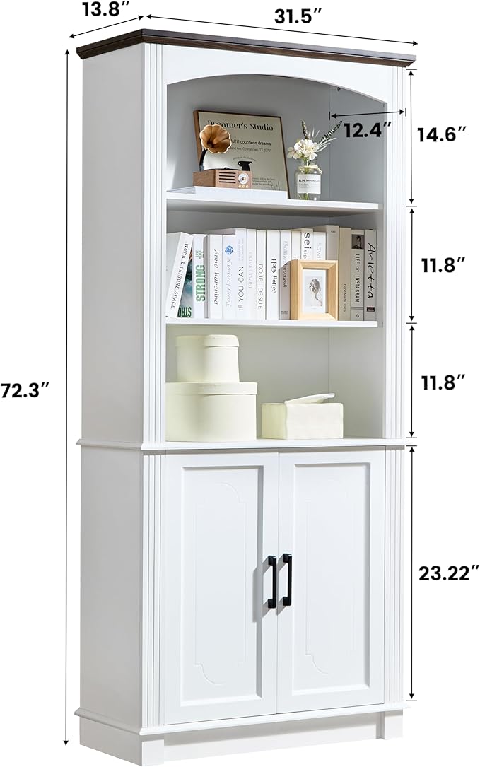 White 5 Tier Book Shelf and Bookshelf with Storage Cabinet Doors, 72 Inch Tall Bookcase, Wooden Cube Storage Organizer, Kids Bookshelf, Display Cabinet for Bedroom Furniture, Living Room, Pantry