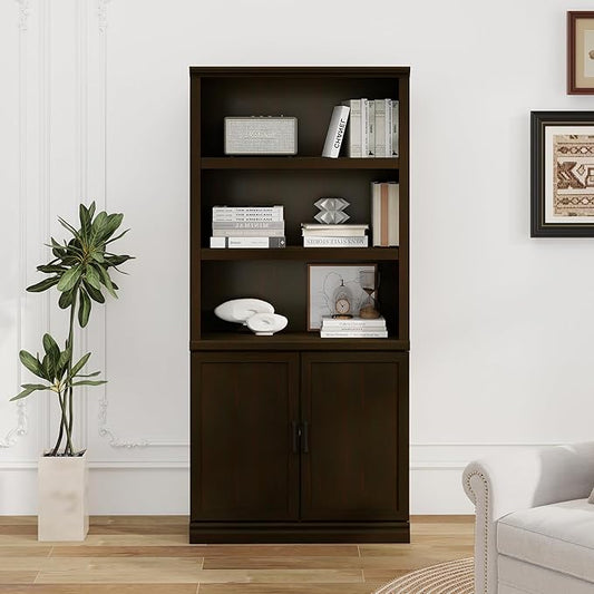 blini 5 Shelf Tall Bookcase with Doors Cherry Wood Bookshelf 31in Wide Display Standing Storage Shelf 72in Tall Wood Book Shelves for Bedroom Living Room Office Library