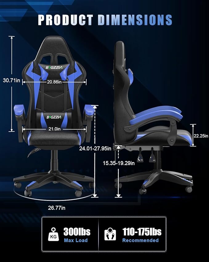 Bigzzia Gaming Chair with RGB LED Lights, High Back Ergonomic Computer Gamer Chair with Headrest and Lumbar Support, Racing Style Reclining Game Chair for Adults, Kids(Black/Blue)