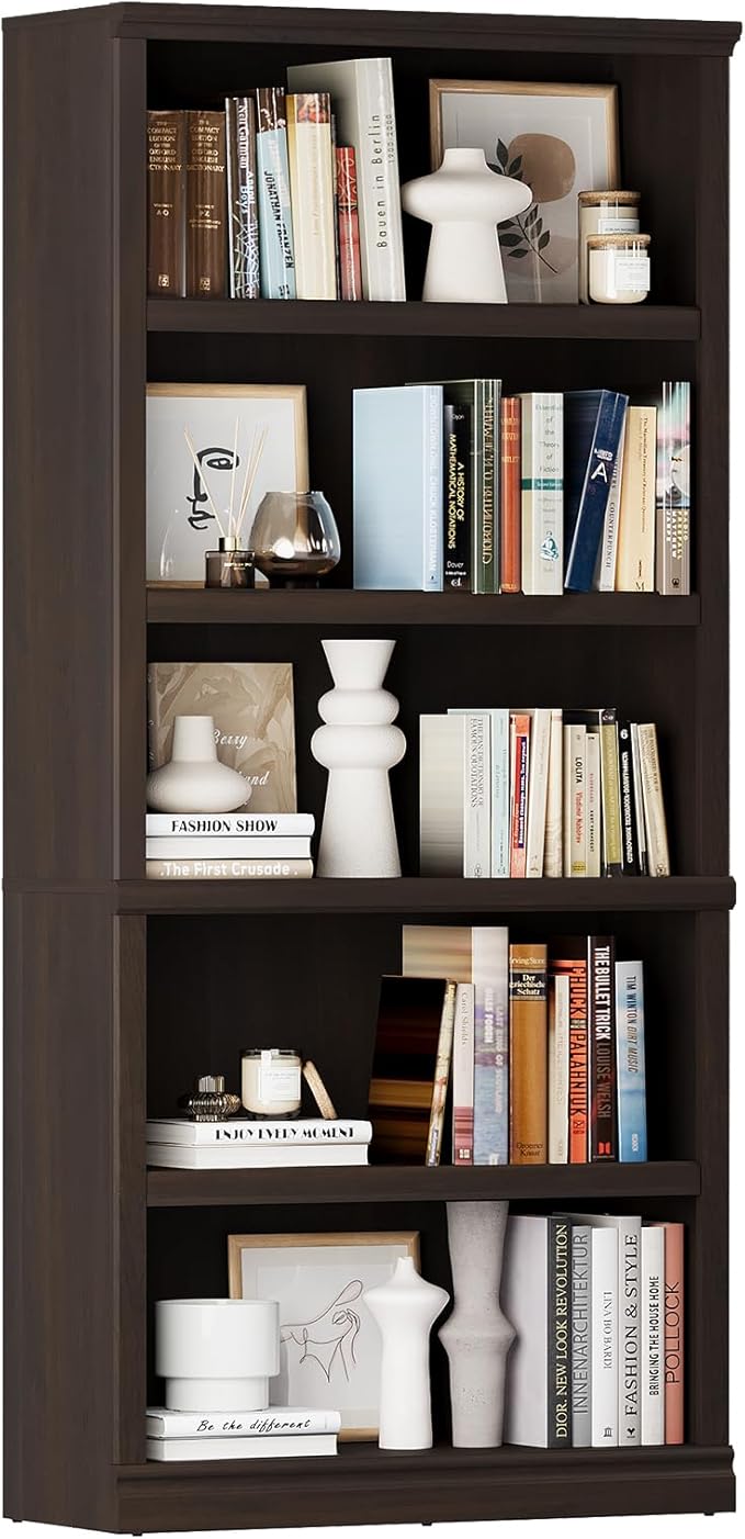 blini 5-Shelf Tall Bookcase Wooden Bookshelves 33in Wide Floor Standing Display Storage Book Shelves 70 in Dark Cherry Bookcase for Home Office, Living Room, Bed Room