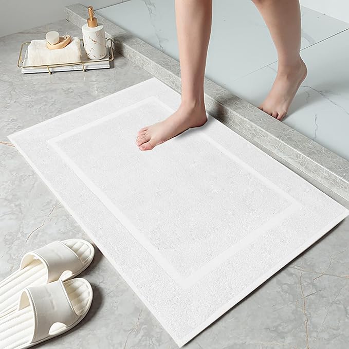 DAN RIVER Classic Bath Mat - White, 100% Ring Spun Cotton, Pack of 2, 21x34 inches, 800 GSM, Non-Slip, Absorbent, Quick Drying, Machine Washable Bathroom Floor Mats for Shower, Kitchen & Bath