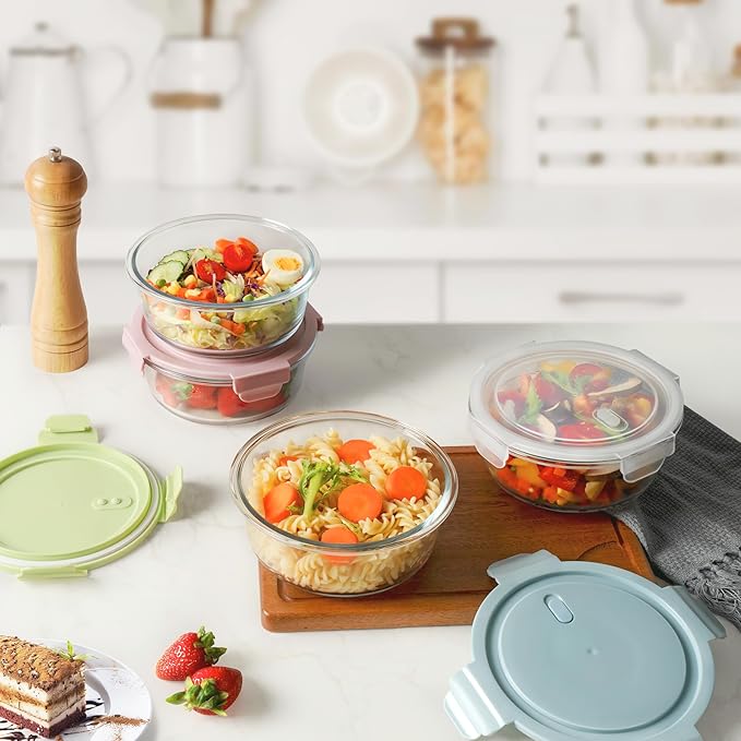 4 PCS Glass Meal Prep Containers with Lids, Airtight 3.75 Cup Food Storage Containers Set, Heat-Resistant BPA-Free Glass Containers for Soup Leftover, Microwave, Dishwasher, and Freezer Safe