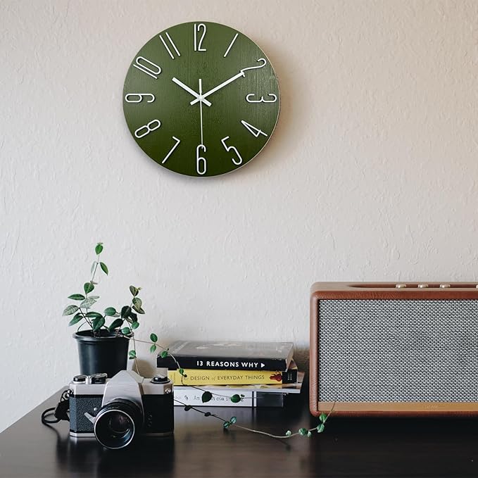 Faupugh Wall Clock 12 inch Silent Wall Clock, Battery Powered, Suitable for Home, Office, School, Kitchen, Bedroom, Living Room (Green)