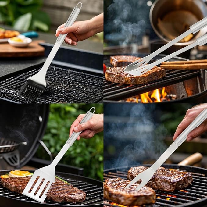 Stainless Steel BBQ Grill Tool Set - Barbecue Accessories & Utensils Sets - 4 Piece Spatula, Tongs, Cleaning Brush, Fork - 13.5" Barbeque Tools Kit - Gift for Grilling Lover Men Outdoor & Kitchen