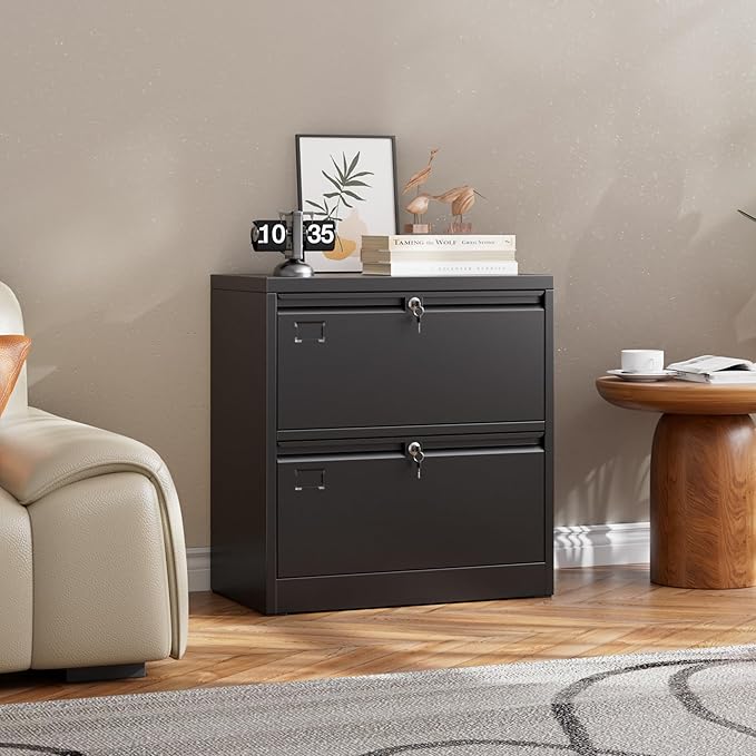 2 Drawer Lateral File Cabinet, Metal Wide Filing Cabinet with Independent Locks, Home Office Furniture for Hanging Files Letter/Legal/F4/A4 Size, Assembly Required, Black