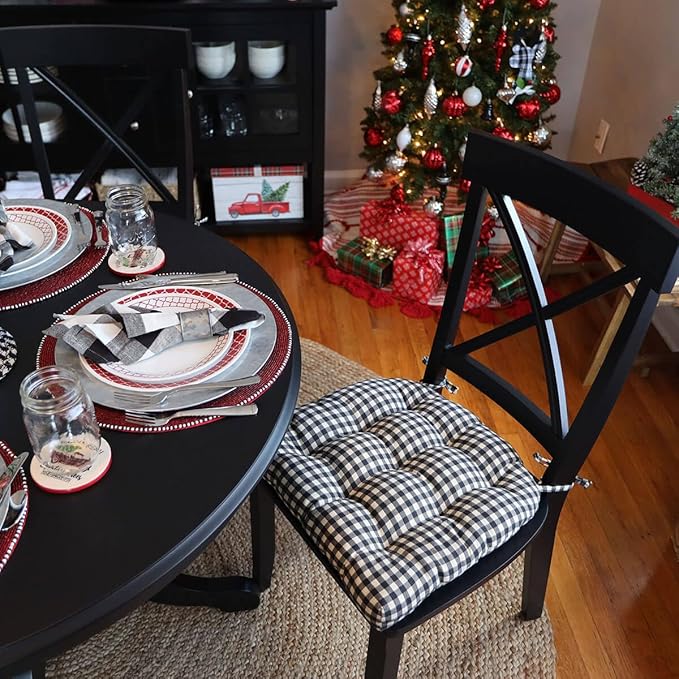 Barnett Home Decor Farmhouse Check Black Dining Chair Pad with Ties - 15 x 17 Size Small Chair Cushion - Latex Foam Fill - 100% Cotton, Made in USA - Machine Washable, Reversible, Checkered