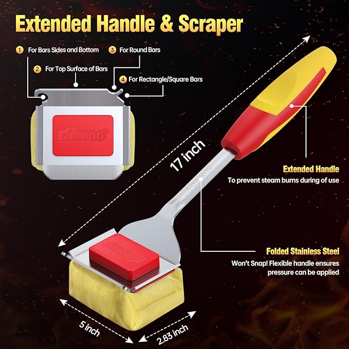 Grill Brush Bristle Free for Outdoor Grill, Steam Grill Cleaning Brush Replaceable BBQ Cleaner Brush Head,Extended Handle, Safe Grill Brush with Scraper for Cast Iron Stainless-Steel Grates, Red