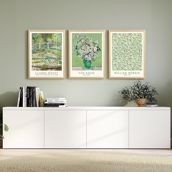 FASWQ Wood Framed Monet Van Gogh William Morris Wall Art, Grass Botanical Wall Decor, Mid Century Impressionist Canvas Paintings, Modern Green Landscape Poster Print for Living Room Bedroom 12"x16"x3