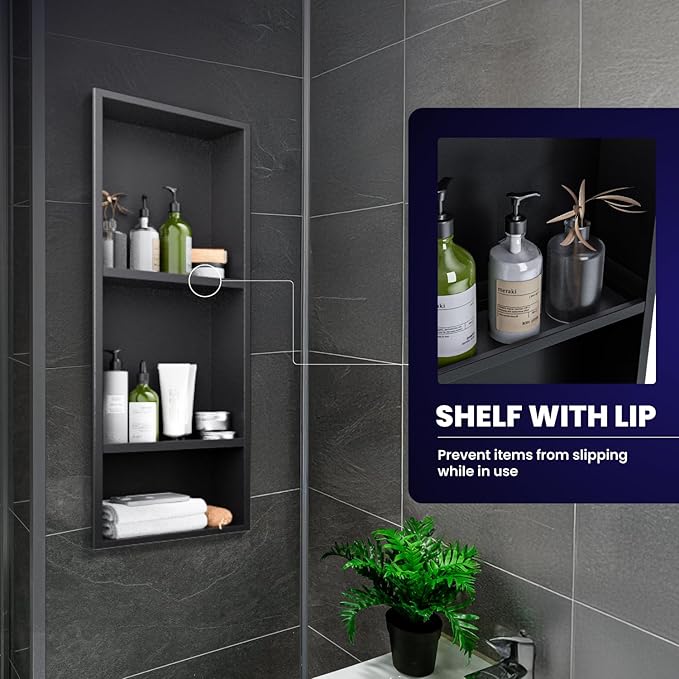 Stainless Steel Shower Niche 12" X 29"，3-Tier Recessed Wall Niche No Tile Needed Shower Shelf for Bathroom Storage (4x12x29 Black)