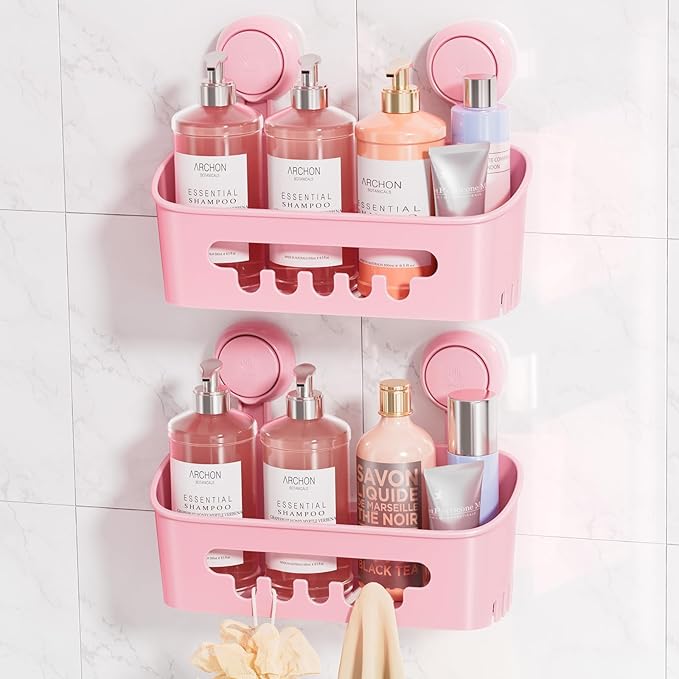 LEVERLOC Shower Caddy Suction Cup 2 Pack, Shower Organizer Removable Bathroom Shelf, Storage Suction Powerful Max Hold 22lbs Bathroom Caddy Waterproof Holder, Pink