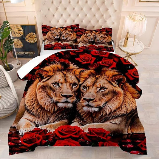 3D Lion and Red Rose Print Bedding Set Twin Size for Kids Adults, 3D Animal Print Bedding Set Liones Couples Decor Bed Set Black Red Comforter Set for All Seasons