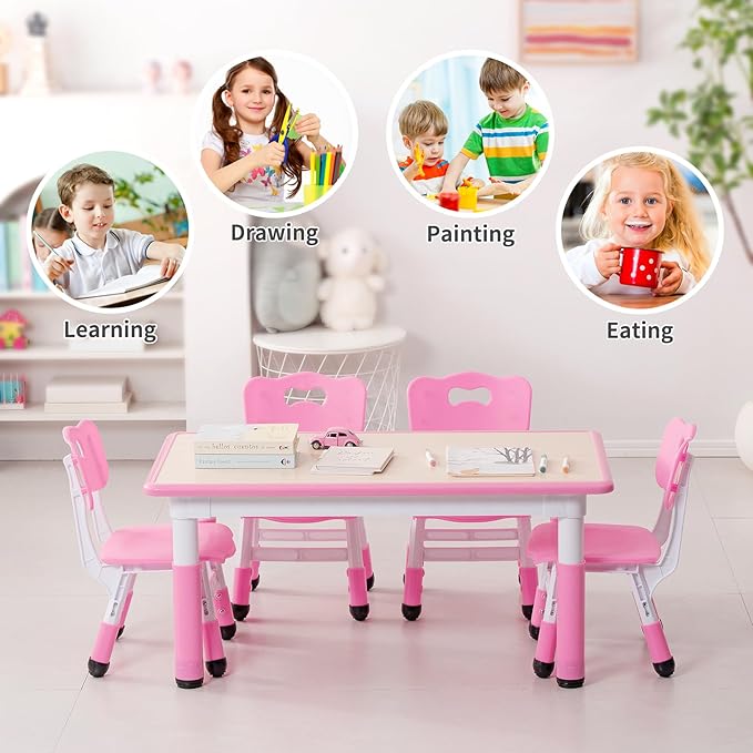 UNICOO Kids Table and Chairs Set, Height Adjustable Multi-Activity Preschool Table with Graffiti Desktop for Ages 2-8 - Versatile Kids Tables for Play, Learning, and Creativity(Maple Top/Pink Border)