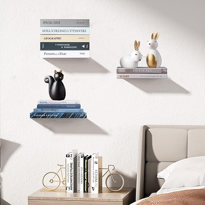 Invisible Floating Bookshelf - Modern White Wall Mount Metal Shelves for Room, Bedroom Bookcase, Small Bookshelf with Minimalist Design, Sleek Storage for Books & Decoratives（6PCS）
