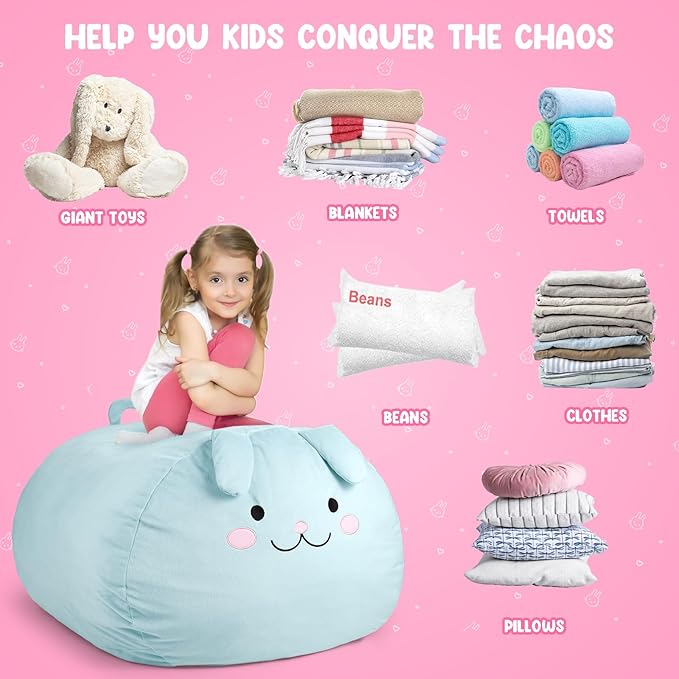 GAGAKU Stuffed Animal Bean Bag Cover Toy Storage, 24 Inches Kids BeanBag Crystal Blue Rabbit Large Zipper Bean Bag for Organizing Kids Plush Toys Home Supplies