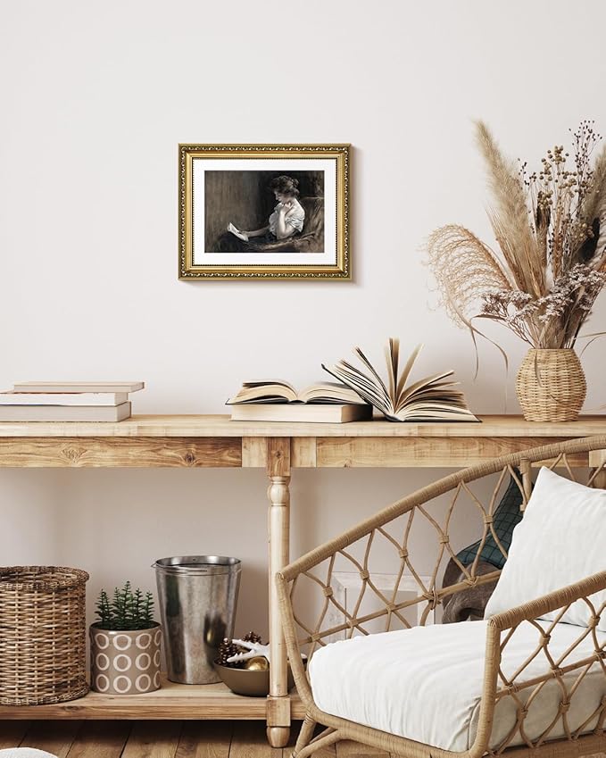 VIYYIEA Gold Framed Wall Art Canvas Print Home Decor Portrait Art Woman Sitting Reading Vintage Art Room Aesthetic Mid Century Lady Elegant Print Farmhouse Oil Painting Wall Decor for Bedroom 11x14in