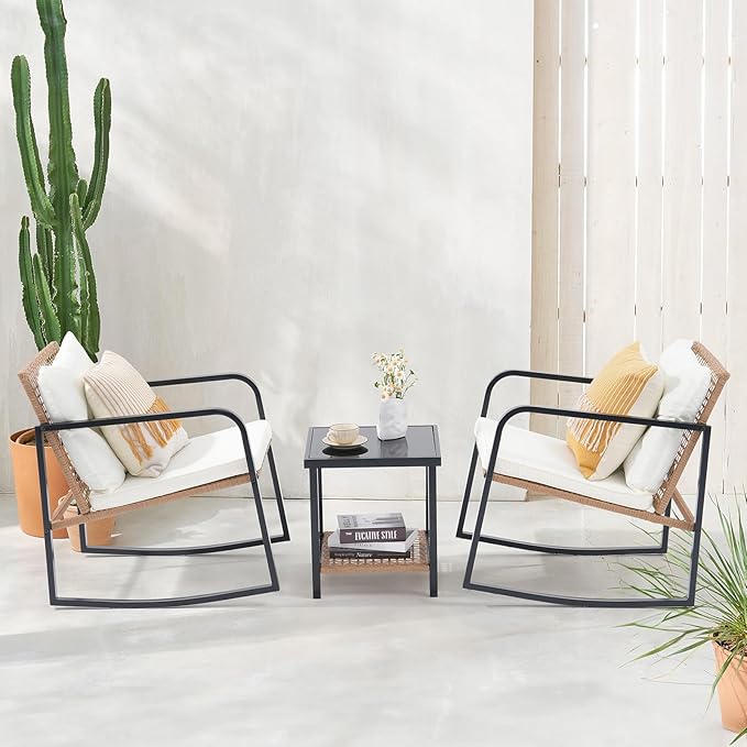 SUNSITT 3 Piece Outdoor Bistro Set, Wicker Patio Rocking Bistro Set w/Weather-Resistant Cushions, Metal Bistro Table & Chairs Set of 2, Woven Rattan Patio Rocking Chairs Set w/Outdoor Coffee Table