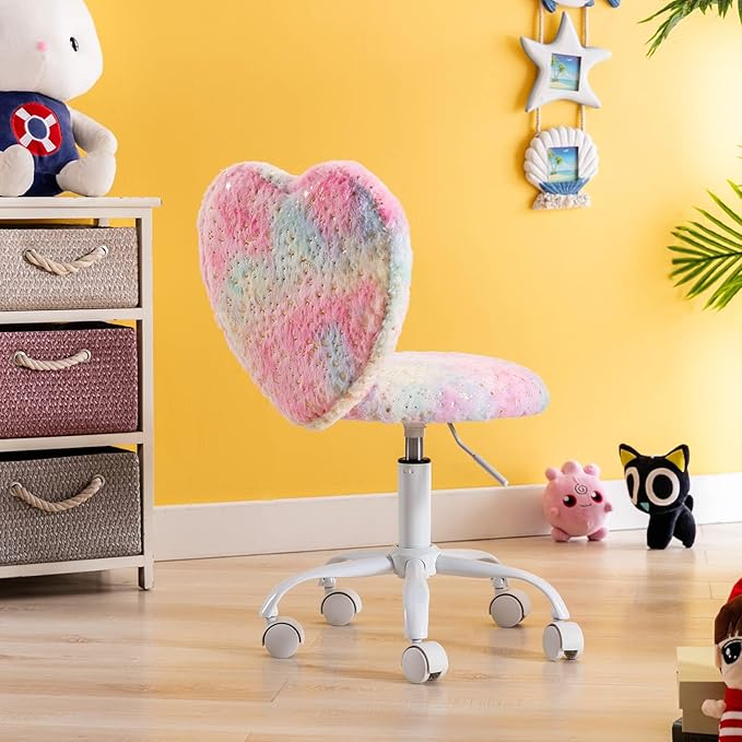 Cute Fuzzy Kids Chair for Teenage Girls - Rolling Study Desk & Computer Task Chair with Adjustable Heart Shaped Reading Vanity Seat, Colorful