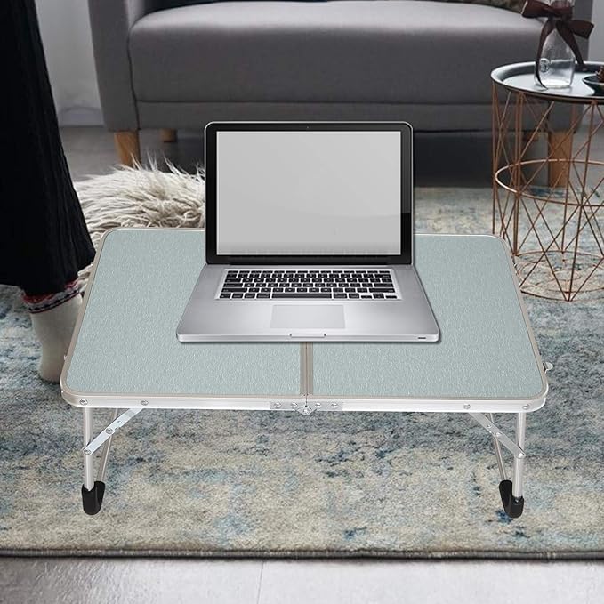 Foldable Laptop Table, Bed Desk, Breakfast Serving Bed Tray, Portable Mini Picnic Table & Ultra Lightweight, Folds in Half with Inner Storage Space (Silvery)