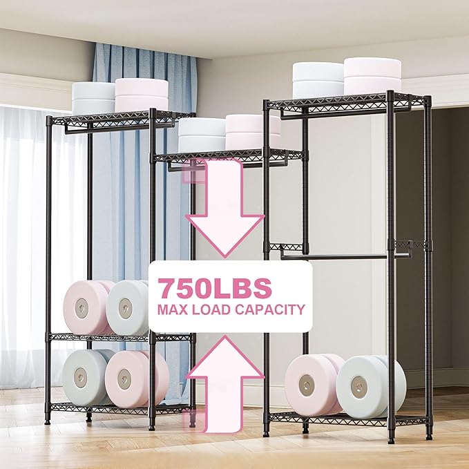Heavy Duty Rolling Garment Rack 3 Tiers Adjustable Wire Shelving Clothes Rack with Rods Storage Closet Clothing Rack Black 15.7" D x 70.8" W x 76.5" H