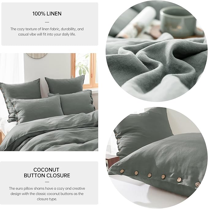 Simple&Opulence 100% Washed Linen Euro Sham Cover, 26 x 26 Inch, Decorative Bed Pillow Cover with Coconut Button, Solid Color Pillow Shams Set of 2 (Greyish Green)