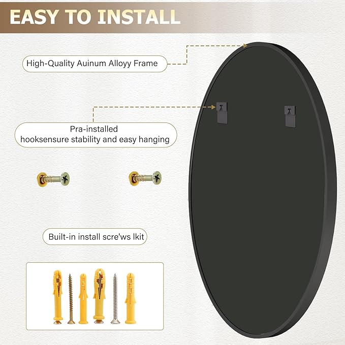 36 Inch Round Mirror - Circle Mirrors for Bathroom, Entryway and Living Room Wall Decor, Modern Hanging Vanity Mirror, Matte Black Circle Decorative Wall Mirror