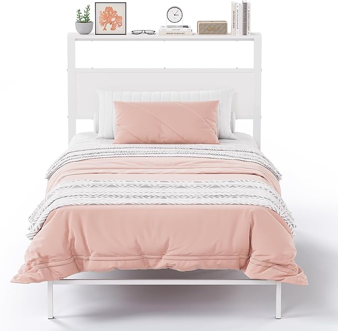 Weehom Twin Bed Frames for Kids, Twin Size Bed Frames with Wood Headboard Shelf - No Box Spring Needed White Metal Platform Bed for Girls, Boys and Students
