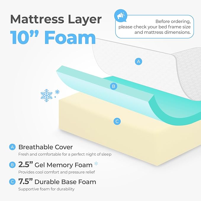 Neo Sleep 10 Inch Full Cooling Gel Memory Foam Medium Firm Mattress Cool Sleep Pressure Relief CertiPUR-US Certified Foam, Mattress-in-a-Box Kids and Adults No Fiberglass (Full, 10 in)