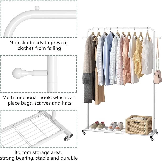 Sywhitta Clothing Rack on Wheels with Mesh Storage Shelf & Sturdy Metal Frame, Rolling Garment Rack for Hanging Clothes, Coats, Skirts, 39.76" L x 16" W x 64.56" H,White