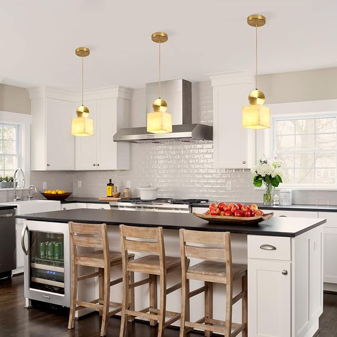 Natural Alabaster Pendant Lights Kitchen Island, White Pendant Light Fixtures, Light Pendan Marble Shade, for Bedroom Bathroom Dining Room Living Room (Bulbs INCL)