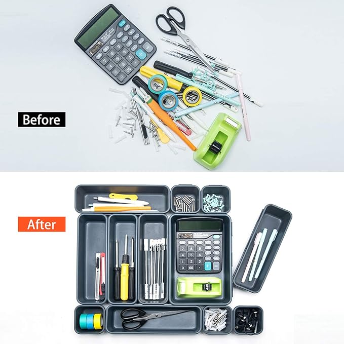 BYCY 18 Pcs Drawer Organizers Trays Set for Office Bathroom Dresser Interlocking Dividers Storage Bins Pack (18 Pieces Set)