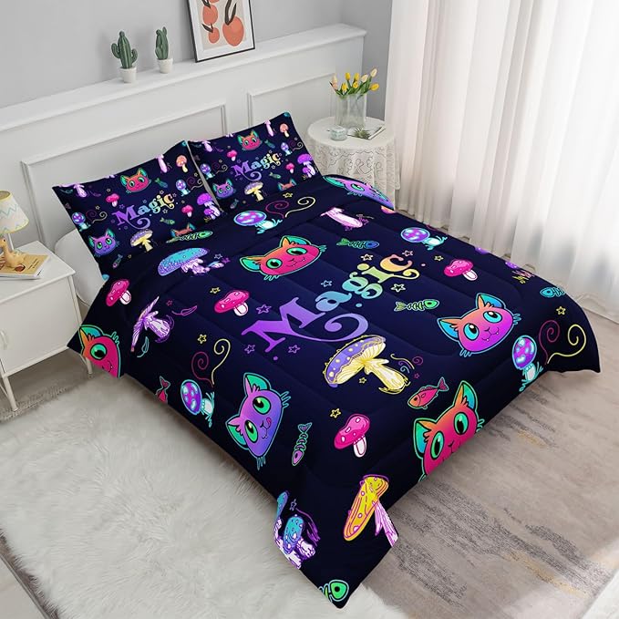 Mushroom Cat Kids Comforter Bedding Set for Boys Girls, Cartoon Mixed Color Mushroom and Cute Cat Fishbone Pattern Comforter with 2 Pillowcases(Mushroom Cat Full)