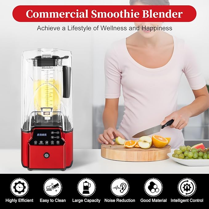 Commercial Blender with Soundproof Shield, Quiet Professional Blender, Intelligent Touch Buttons Countertop Smoothie Mixer, Adjustable Speed Smoothie Juicer