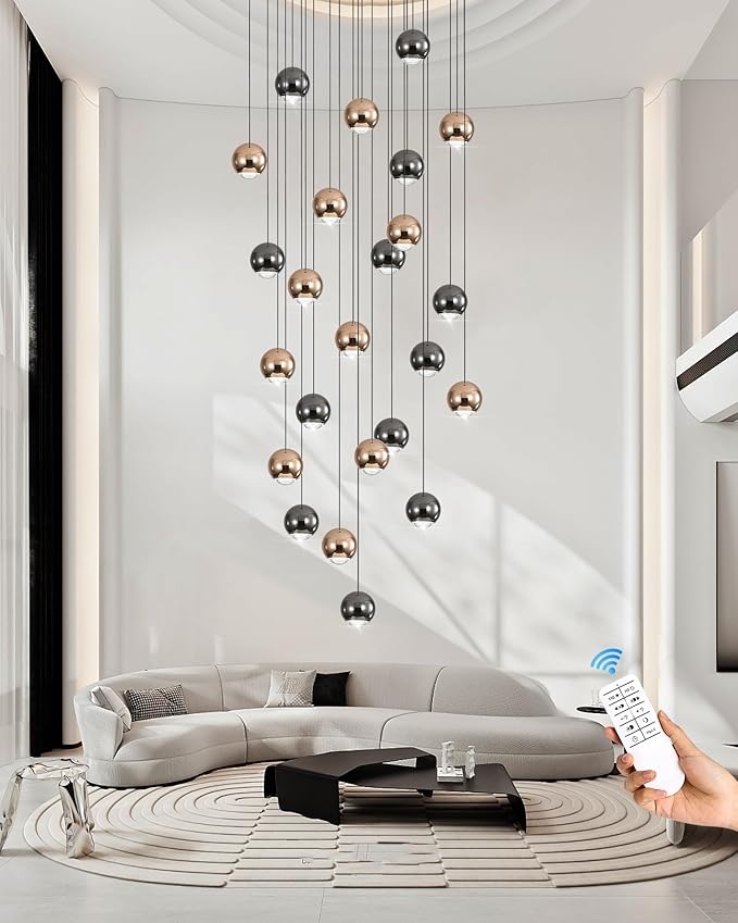 LED Staircase Chandelier Crystal Ceiling Lights Large Chandeliers for High Ceilings, Entryway Modern Lighting Fixture Villas and Stairs 24 Lights Black and Gold Dimmable 2700k-6000k