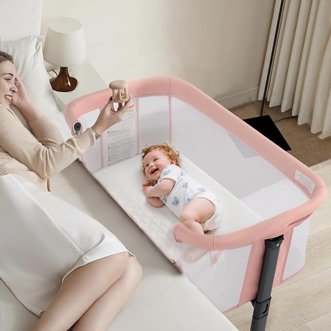 Kinder King Baby Bassinet w/Wheels, Folding Portable Newborn Bedside Sleeper, All-Sided Mesh Infant Crib, Adjustable Height, Removable Soft Mattress, No Tool to Assemble, Pink