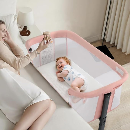 Kinder King Baby Bassinet w/Wheels, Folding Portable Newborn Bedside Sleeper, All-Sided Mesh Infant Crib, Adjustable Height, Removable Soft Mattress, No Tool to Assemble, Pink