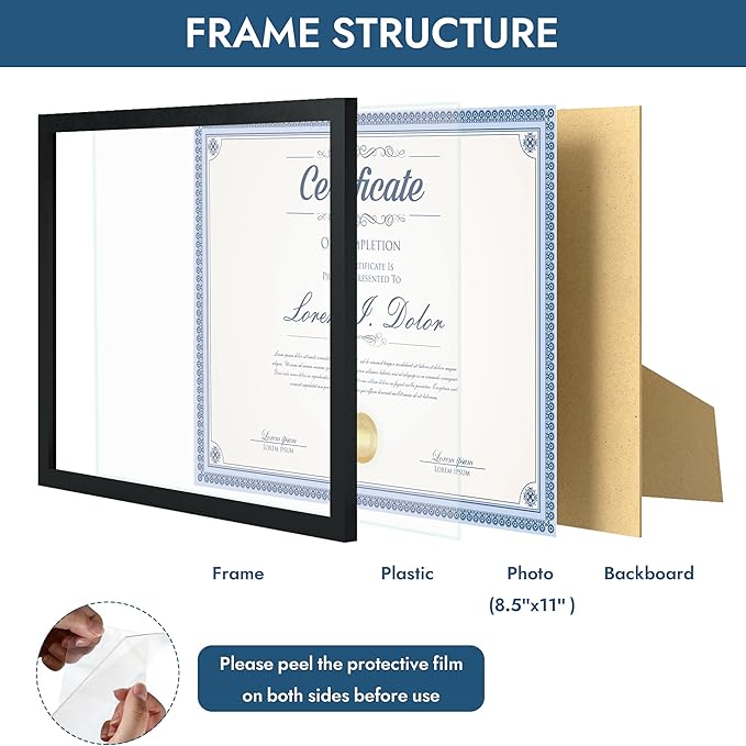 8.5x11 Picture Frame Set of 1,Black 8.5x11 Photo Frames Bulk for Document Certificate Award Diploma, Wall Hanging or Tabletop Display