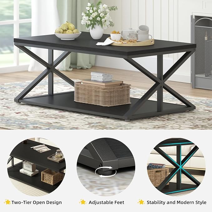 Launica Modern Coffee Table with Storage, Farmhouse Living Room Table, Minimalist Rectangle Center Table, Industrial Vintage Wood Tea Table, 39 Inch, Black Oak