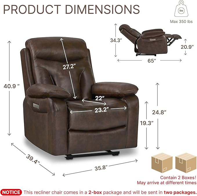 Leather Recliner Chair Wall Hugger Recliner with Adjustable Headrest and Footrest Electric Power Reclining Sofa with USB/Type-C Charging for RV Living Room Bedroom