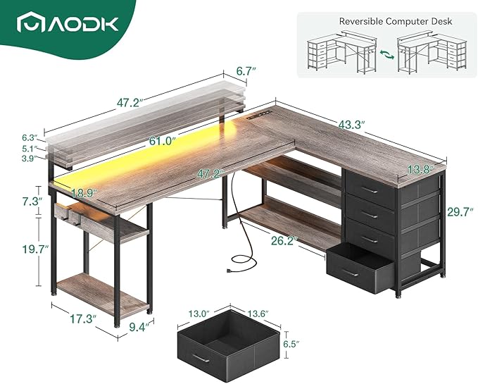 AODK 61" L Shaped Desk with Drawer, Computer Desk with Power Outlets & LED Lights, Reversible Corner Gaming Desks for Home Office Workstation, Office Table with Monitor Shelf, Gray