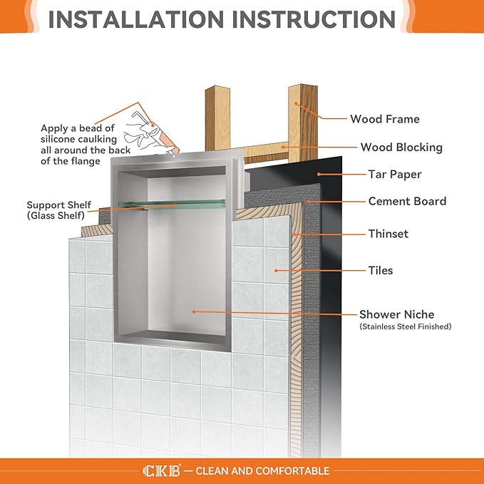 CKB Shower Niche Stainless Steel, 24 Inch x 14 Inch x 4 Inch Depth, Double-Layer Storage Shelves, Recessed Shower Shelf with Brushed Nickel