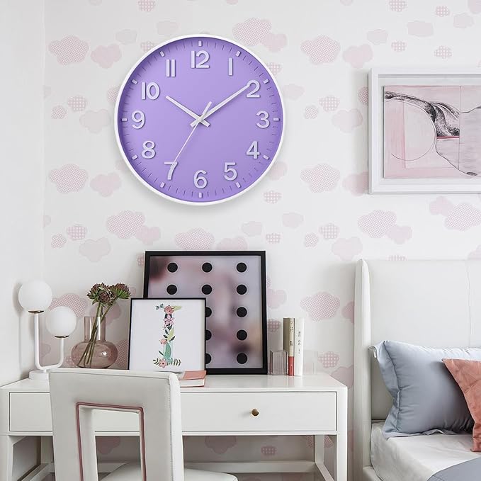 HZDHCLH Purple Wall Clocks Battery Operated,12 inch Silent Non Ticking Modern Wall Clock for Living Room Bedroom Kitchen Office Classroom Decor