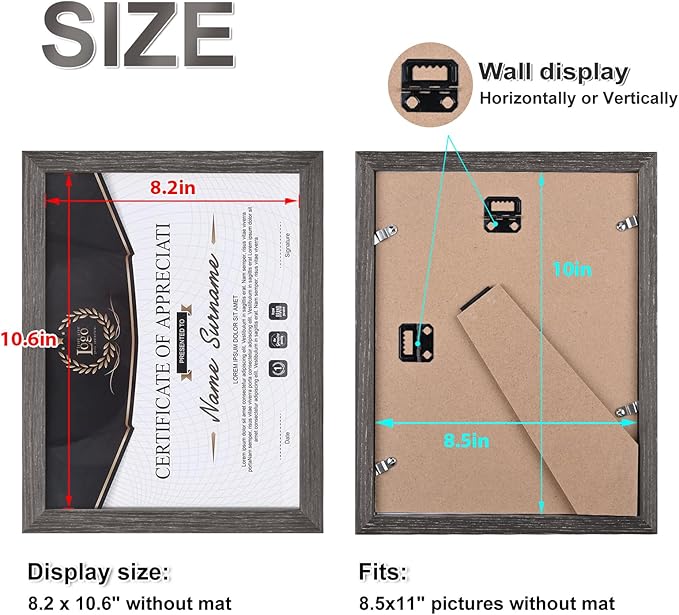 KINLINK 8.5x11 Picture Frame Ash Black, Solid Wood Diploma Frames with Acrylic Plexiglass for Pictures, Certificate Degree Document Frame Tabletop and Wall Display, Set of 4