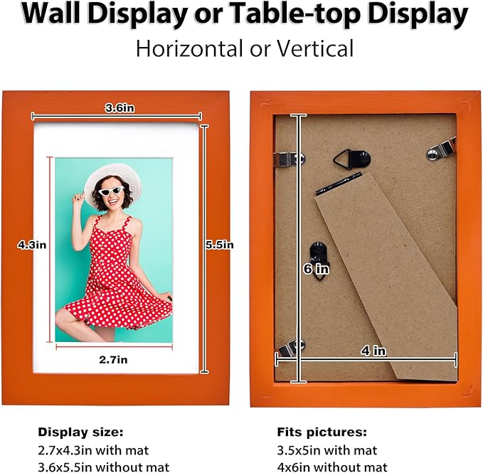 KINLINK 4x6 Picture Frames Orange, Solid Wood Frames with Acrylic Plexiglass for 3.5x5 with Mat or 4x6 without Mat, Tabletop and Wall Display Photo Frame, Set of 4