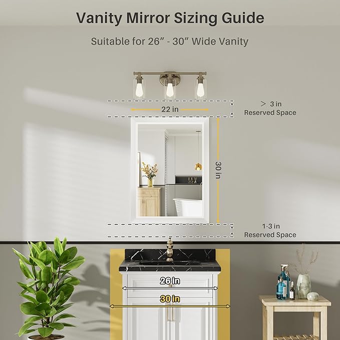 22x30 Inch White Bathroom Mirror for Wall, Thick Metal Framed Rectangle Mirrors for Over Sink, Bedroom, Living Room, Entryway, Anti-Rust, HD Tempered Glass