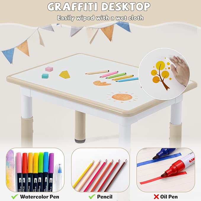 Adjustable Kids Table Chairs Set – Graffiti Desktop, Multi-Activity Height-Adjustable Toddler Study Desk for Ages 3-8 – Ideal for Home, Classroom, Daycare (B-Wood, 4 Chairs-31.5" L x 23.6" W)